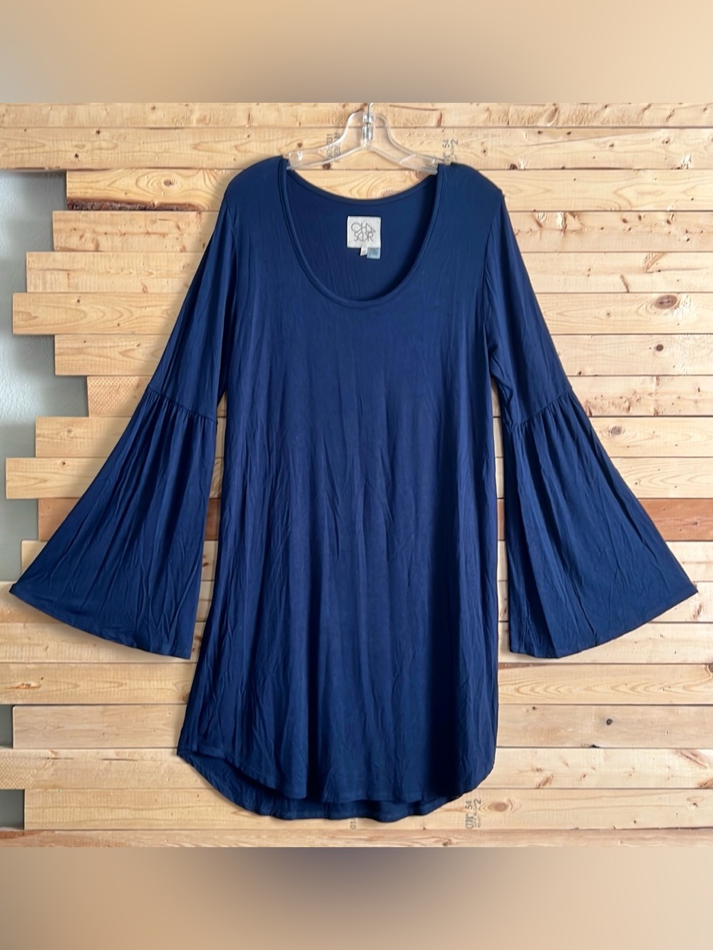 Chaser Navy Blue Cool Jersey Knit Bell Flared Sleeves Hi Low Tunic Dress size XL